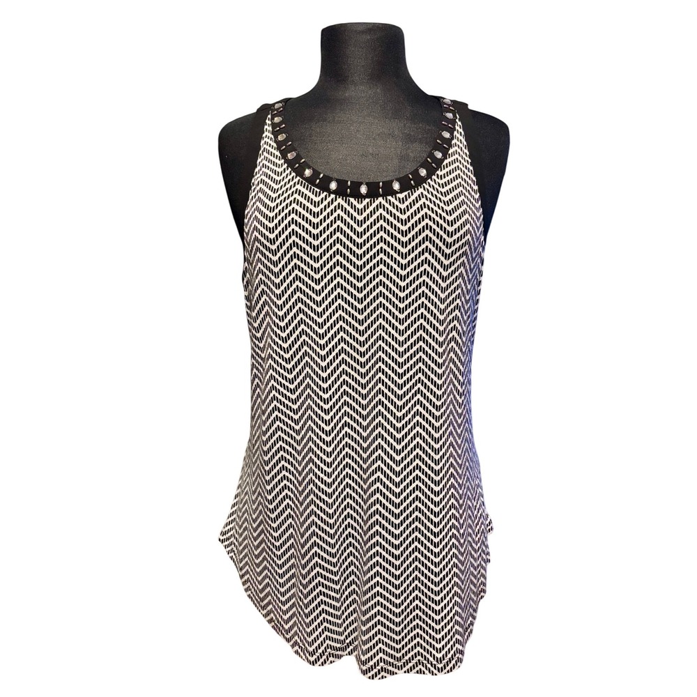 New Candies Women Black White Chevron Racerback Tank Top Embellished Neckline XL